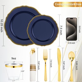Hioasis 175pcs Blue Gold Plastic Plates - Gold Plastic Dinnerware Set Includes 25 Dinner Plates, 25 Dessert Dinnerware, 25 Cups, 25 Napkins Perfect for Wedding & Party
