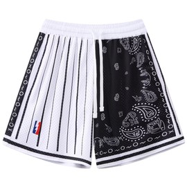 DIOTSR Mens Basketball Shorts Paisley Graphic Shorts Bandana Athletic Running Shorts with Pockets (White & Black,X-Large)
