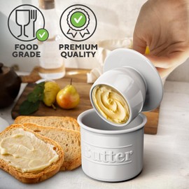 Premium Butter Crock with Lid - Original Design French Butter Dish - Beautiful Ceramic Butter Keeper for Counter with Water Line - Perfect to Keep Butter Soft and Spreadable - White