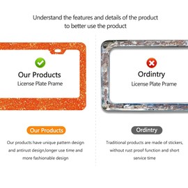 2 PCS Bright Orange Glittered License Plate Frames,Premium Aluminum Alloy License Plate Covers with Screw Caps Cover Car Accessories for Women﻿