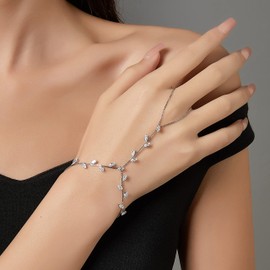 dnswez Cubic Zirconia Statement Ring Bracelet for Women,Adjustable Bohemian Slave Bracelet Hand Chain Ring Jewelry (Silver 2)