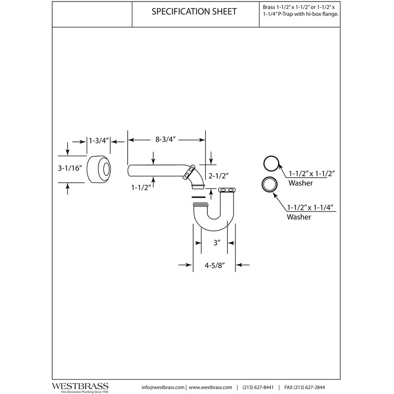 Westbrass A400-1-01 1-1/2" OD 17 gauge P-Trap with High Box