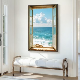 Framed Window Beach Scene Wall Art, Blue Ocean Vertical Coastal Canvas Painting Prints, Summer Seascape Wave Artworks for Living Room Entryway Hallway Office Wall Decor, 24x36 Inch