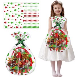 Frienda 72 Pcs Christmas Cellophane Bags Extra Large Clear Gift Basket Wrap Bags Jumbo Plastic Gift Wrapping Bags with Green Bows Ribbon for Christmas, Gifts, Baskets(24 x 30 Inch)