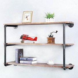 OLDRAINBOW Floating Shelves for Wall Industrial Pipe Shelving,Pipe Shelves with Wood Shelf,Metal Floating Shelf Wall Mounted,Hanging Book Shelves(3 Tier,42in)