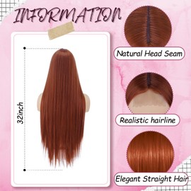 L'veetie Ginger Orange Straight Wig, Glueless Auburn Wig with Middle Part Hair, Natural Appearance Heat-Resistant Synthetic Wig for Cosplay Costume Festival Daily Use 32 Inch