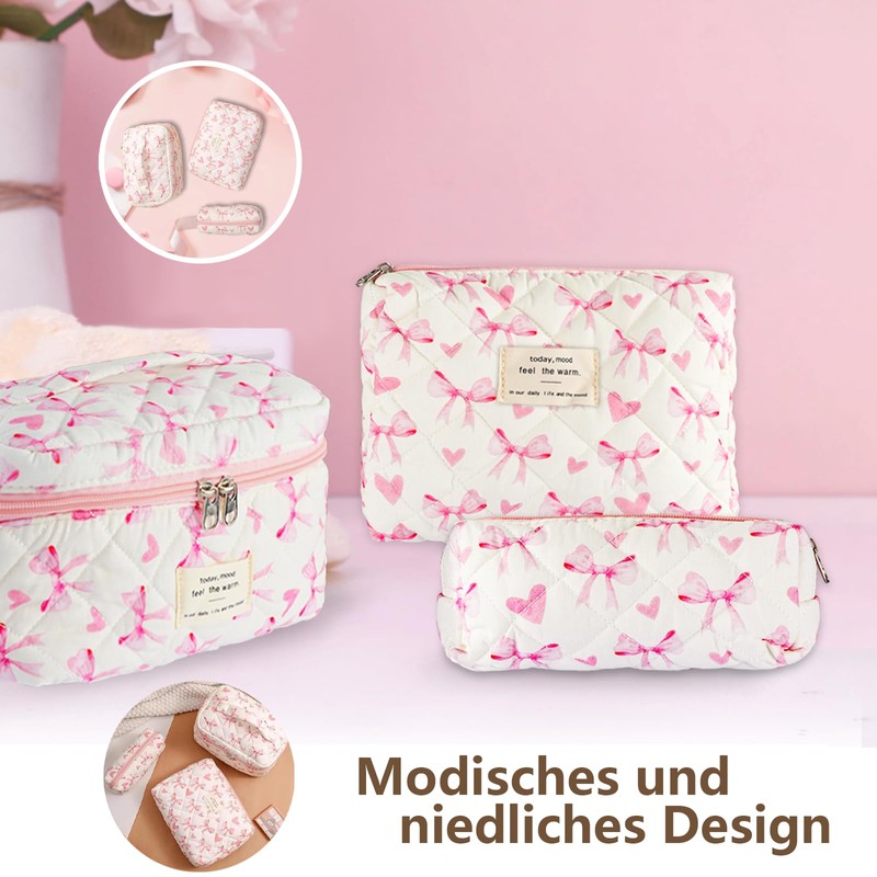 Set of 3 Women's Cosmetic Bags with Bow Pattern, pink,