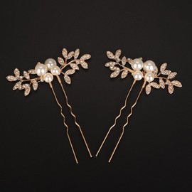 BERYUAN Silver Gold Rose Gold Leaves Rhinestone Pearls Hair Pins Rhinestone Pearls Handmade Wedding Headband Leaves Pearls Rhinestone Hair Pins for Bridal Women(2pcs) (gold)