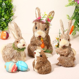 VioraWhite Set of 4 Bunny Easter Decorations Sisal Bunny Figurines Tabletop Decor Straw Rabbit Statue with Carrot Flower for Home Table Office Kitchen Farmhouse Indoor Spring Easter Decor