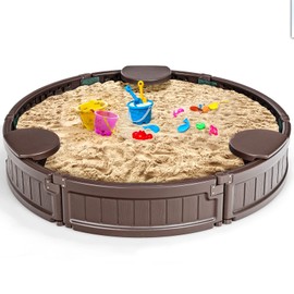 GLACER Sandbox with Cover, Oval Sand Pit w/Detachable Built-in Seating, Bottom Drainage Liner, Weather Resistant Outdoor Sandbox Kit in Backyard Lawn Garden Beach for Boys Girls (Brown, 4FT)