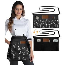 Slohif Reversible Server Apron with 6 Pockets - Waist Apron for Waitress Women Half Apron for Waiter Men Cute Water Resistant Serving Short Apron Barista Bartender Kitchen Accessories Funny Skull