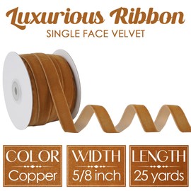 MEEDEE Copper Velvet Ribbon 5/8 Inch Single Face Nylon Velvet Ribbon 25 Yards Cognac Velvet Ribbon for Christmas Tree, Ornaments, Gift Wrappig, Rustic Wreath, Invitations, Bouquet, Sewing Crafts