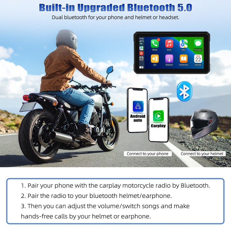 CAMECHO 6 Inch Wireless Motorcycle Carplay Android Car, IP68 Waterproof