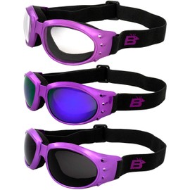 Birdz Eyewear Eagle Women's Purple Airy Foam Padded Motorcycle Goggles 3 Pairs Smoke Clear & Purple ReflecTech Mirror Lenses