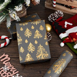 Flyhill Dark Gray Kraft Wrapping Paper-17inch*32.8ft（46.8sq.ft.ttl Per Roll-Lusury Gold 3D Embossed Foil Christmas Trees Design with Woodlands for Christmas,Wedding,Birthday,Baby Shower