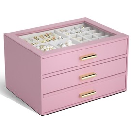 AKOZLIN Jewelry Box with Clear Lid Functional Leather Jewelry Storage Organizer Case 3 Drawers for Women Girls Necklace Ring Bracelet Earring