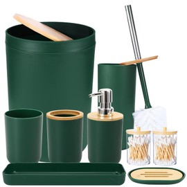 iMucci Bathroom Accessories Set - with Trash Can Toothbrush Holder Soap Dispenser Soap and Lotion Set Tumbler Cup(9Pcs Dark Green Wood Cover)