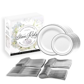 125 Pack Classy Disposable Plates with Plastic Silverware, Set Includes 25 Each of Dinner and Dessert Plates, Knives, Forks and Spoons, Silver Rim Dinnerware for Party Birthdays Weddings Occasions