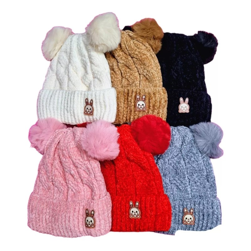 K&H Gorro Para Niñas Con Dos Pompones Conejito Afelpado Invierno