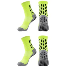 Cooyoto Grip Socks Soccer Athletic Crew Socks for Men, Women and Youth | Moisture Wicking, Cushioned, Non Slip | 2 Pairs | Neon Green, Adult