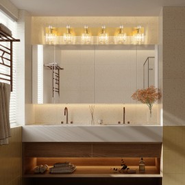PRESDE 6 Light Bathroom Vanity Light Modern Gold Crystal Bathroom Lighting Fixtures Over Mirror