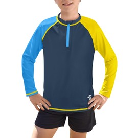 BesserBay Boys' Long-Sleeved Stand-Up Collar UV Shirt 1/4 Zip Rash Guard UPF 50+ Children 110-150, blue and yellow, 120