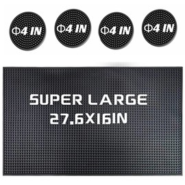IMIYOKU Bar Mat Spill Mat and Coasters Set of 5 Black Rubber 1cm Thick 27.6"X16" Dish Drying Mat with 4 pcs Diam 4" Bar Coasters for Home Kitchen or Bars (Super Large 27.6"X16" +4pcs/Φ4)