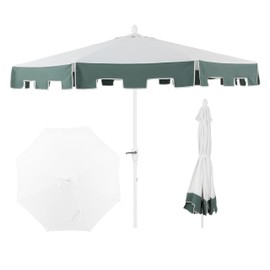 JONATHAN Y UMB1000D Baiona 9 ft. Classic MidCentury Market Patio Umbrella with UV Protection, Auto-Tilt, Crank and Wind Vent in White/Green