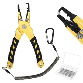 SANLIKE Fishing Pliers Saltwater with 50PCS Fishing Split Rings, Aluminum Fishing Tool Fishing Gear, Tungsten Carbide Cutters, Fishing Hook Remover Braided Fishing, Gold