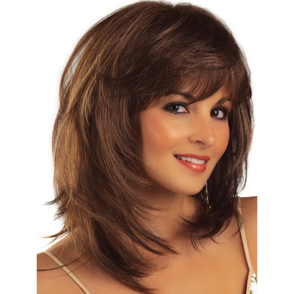 Auflaund Fashion Bob Middle Length Straight Layered Brown Hair Wigs for Women Cosplay + Wig Cap