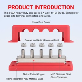 ANDO RACING 600A Heavy Duty Power Distribution Block with Cover 5 x 3/8" (M10) Studs Bus Bar Terminal Block, High Current Busbar 12-48V DC Busbar Box for Automotive RV Boat, RED