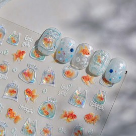 Goldfish Nail Art Stickers 5D Embossed Brightly Koi Fish Nail Decals Self-Adhesive Summer Cute Bubbles Manicure Decals Accessories for Women DIY Manicure Decoration Supplies
