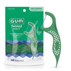 GUM Twisted Mint Floss Picks - Twisted Threads, Shred-Resistant Floss, Easy Grip Handle, 90 ct.