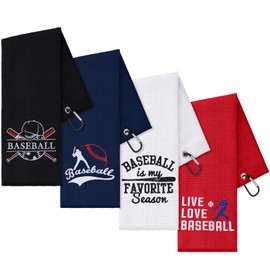 VitalCozy 4 Pieces Funny Baseball Towel 16 x 24 Inch Embroidered Baseball Sweat Towels with Clip Workout Towel Hand Bath Towels Baseball Player Sports Gifts for Men, 4 Styles