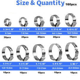 160Pcs (6mm-25.6mm)1/4"-1"Single Ear Hose Clamp Hose Crimp Clamps Ear Crimp Rings Ear Stepless Hose Clamp Pinch Clamps for Hose Pipe Clamp Tools (Single Ear Hose Clamps Kit)