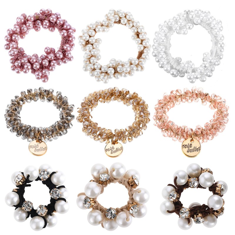 Heclia Pearl Hair Ties, 9pcs Elastic Scrunchies with Crystal Beads,