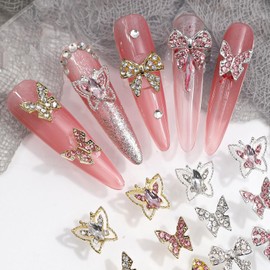 Butterfly Nail Charms Shiny Alloy Butterfly Nail Art Charms for Acrylic Nails Gold Silver Butterfly Nail Rhinestones Spring Summer Butterfly Nail Jewelry for Women and Girls DIY Nail Art Decoration