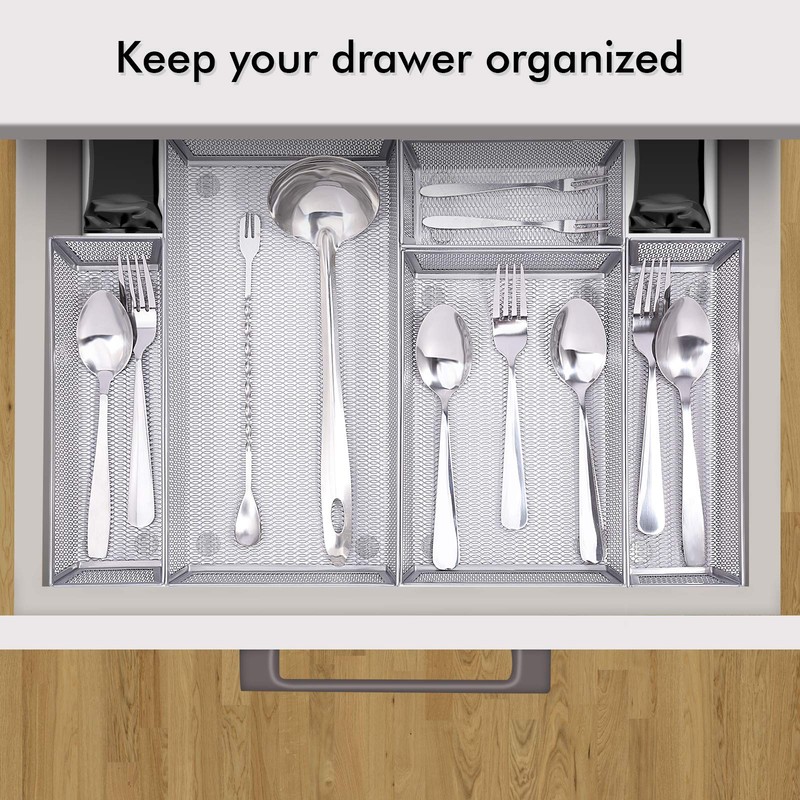 WuGeShop Mesh Silverware Tray Drawer Organizer, Kitchen Utensils Flatware with