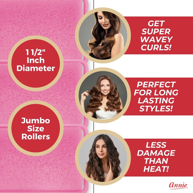 Annie Classic Foam Cushion Rollers #1055, 6 Count Pink Jumbo