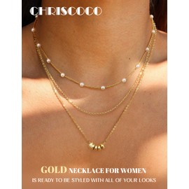 Chriscoco 3Pcs Gold Layered Necklace 14K Gold Plated Necklaces for Women Gold Choker Necklace Beaded Pendant Necklace Gold Jewellery for Women - with Jewellery Box