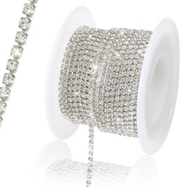 Rytenz 10 Yards 2 MM Rhinestone Chain Trim Crystal Rhinestone Close Chain Trim, for Sewing Crafts, DIY Decoration, Jewelry, Clothing, Shoes (Silver)