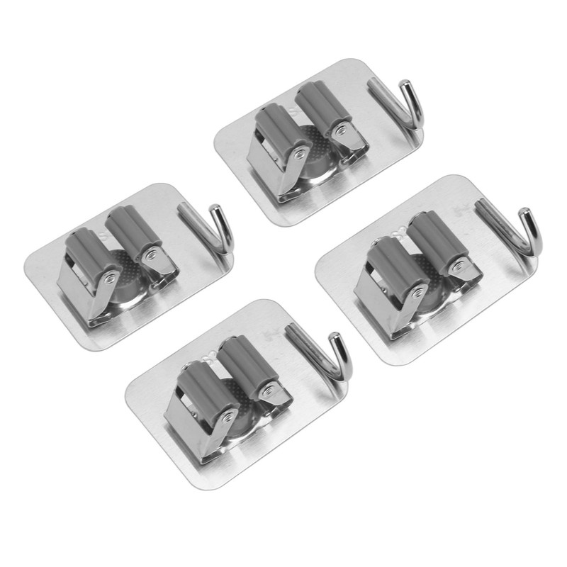 4Pcs Silver Mop Broom Holder with Hook Wall Mounted 304