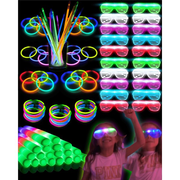 Toysery Glow In The Dark Party Supplies 140 Pieces - 20 Light Up Glasses, 20 Foam Light Sticks and 100 Neon Glow Sticks LED Light Up Party Favors and Accessories