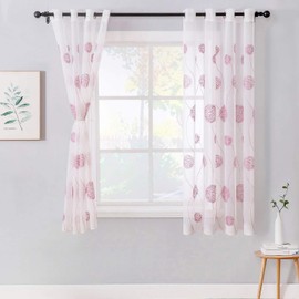 MIULEE Curtains with Floral Embroidery, White Curtains with Pink Pattern for Living Room, Bedroom, Transparent Voile Curtains with Eyelets, Set of 2, Flowers, Each 160 x 140 cm (H x W)
