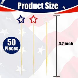 50 Pack Patriotic Star Cocktail Picks，Red White Blue Star Bamboo Tothpicks for Appetizers,4th of July Decor Bamboo Skewer Sticks for Independence Day Decorations Party Supplies