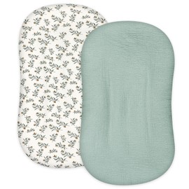 Hooyax Muslin Baby Lounger Cover 2 Pack, Organic Removable Lounger Slipcover for Newborn, Baby Padded Lounger Infant Floor Seat Covers for Boys Girls (Light Green & Leaf)