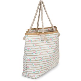 styleBREAKER 02012287 Women's XXL Beach Bag with Stripes and Melon Fruit Print Zip Shoulder Bag Shopper, Taupe-white