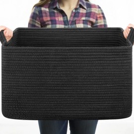 OIASKET Large Blanket Basket, Black Blanket Storage Living Room, Rectangle Woven Baskets for Storage Toys, Towels, Dirty Clothes Organizer Bins (Black)