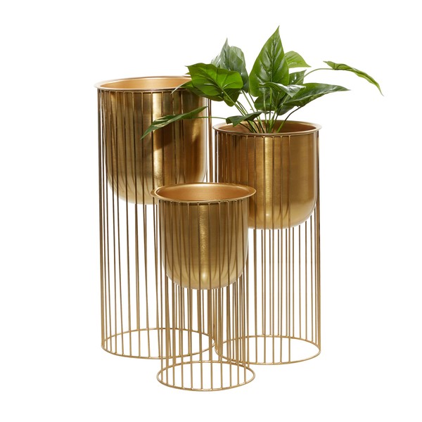 Deco 79 Metal Deep Recessed Dome Planter with Elevated Caged Stand, Set of 3 24", 20", 16"H, Gold