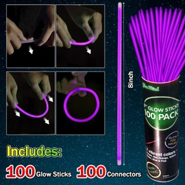 NUDALA 200 Pcs Purple Glow Sticks Bracelet Necklaces Bulk Glow in The Dark Party Supplies 8” Light Stick Pack with Connectors Bright Color Light Up Toys for Christmas Birthday Carnival (Purple)